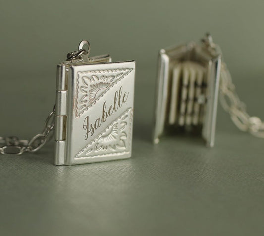 Book Locket, Silver Locket with Photos, Gift for Daughter, Personalized Message Necklace, Graduation, Book Gift, Best Friend SILVER STRIPE