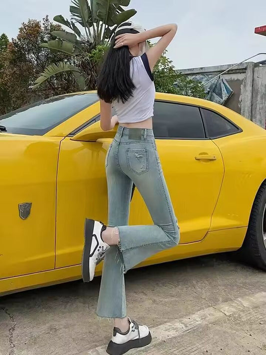 Denim Cropped Pants for Women Ripped Trousers Shot Womens Flare Jeans Basics Fitted Stylish Harajuku Fashion Original Stretch